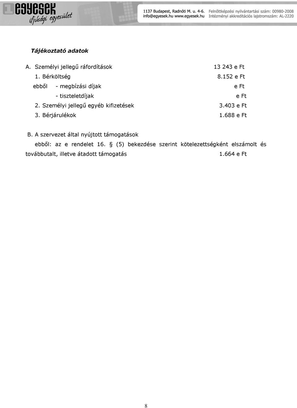 Személyi jellegű egyéb kifizetések 3.403 e Ft 3. Bérjárulékok 1.688 e Ft B.