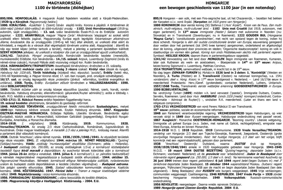 1102. Unió Horvátországgal (1918-ig; autonóm, saját országgyűlés). 13. szd. szász bevándorlás Észak-M.O.-ra és Erdélybe autonóm jogokkal. - 1222. ARANYBULLA, magyar Magna Carta.