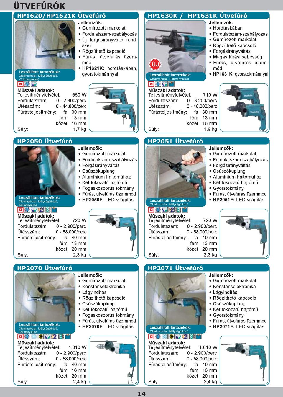 800/perc Fúrásteljesítmény: fa 30 mm fém 13 mm kõzet 16 mm 1,7 kg HP1621K: hordtáskában, gyorstokmánnyal HP1630K / HP1631K Ütvefúró Hordtáskában Rögzíthetõ kapcsoló Magas fúrási sebesség