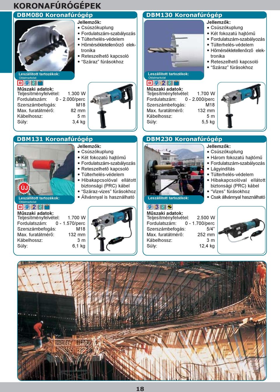 furatátmérõ: 82 mm 5 m 3,4 kg DBM130 Koronafúrógép Csúszókuplung Két fokozatú hajtómû Túlterhelés-védelem Hõmérsékletellenõrzõ elektronika Reteszelhetõ kapcsoló Száraz fúrásokhoz Oldalmarkolat