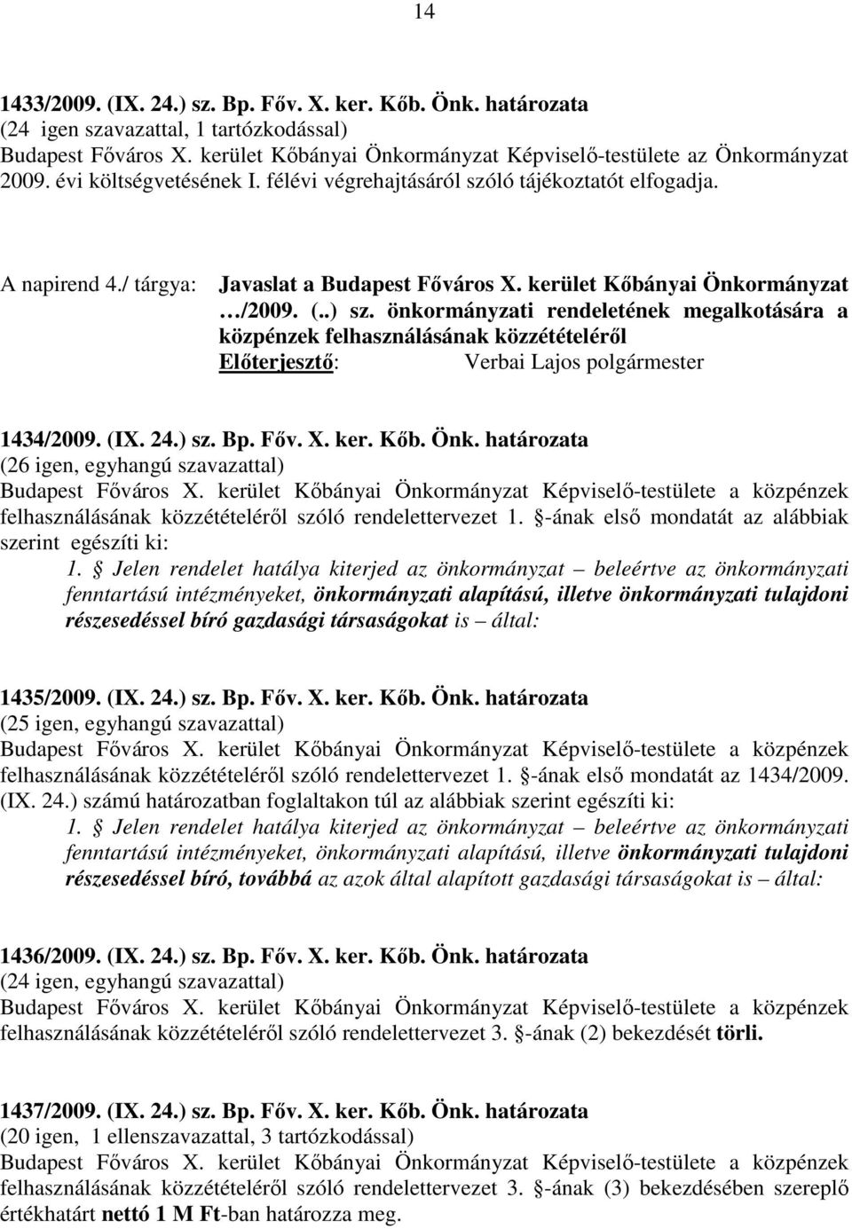 önkormányzati rendeletének megalkotására a közpénzek felhasználásának közzétételéről 1434/2009. (IX. 24.) sz. Bp. Főv. X. ker. Kőb. Önk. határozata (26 igen, egyhangú szavazattal) Budapest Főváros X.