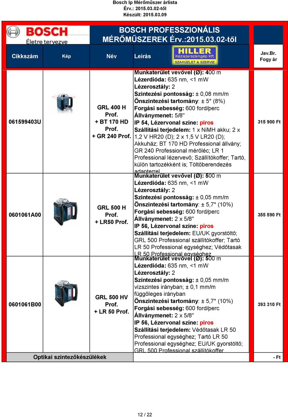 LR20 (D); Akkuház; BT 170 HD állvány; GR 240 mérőléc; LR 1 lézervevő; Szállítókoffer; Tartó, külön tartozékként is; Töltőberendezés adapterrel Munkaterület vevővel (Ø): 500 m Lézerdióda: 635 nm, <1