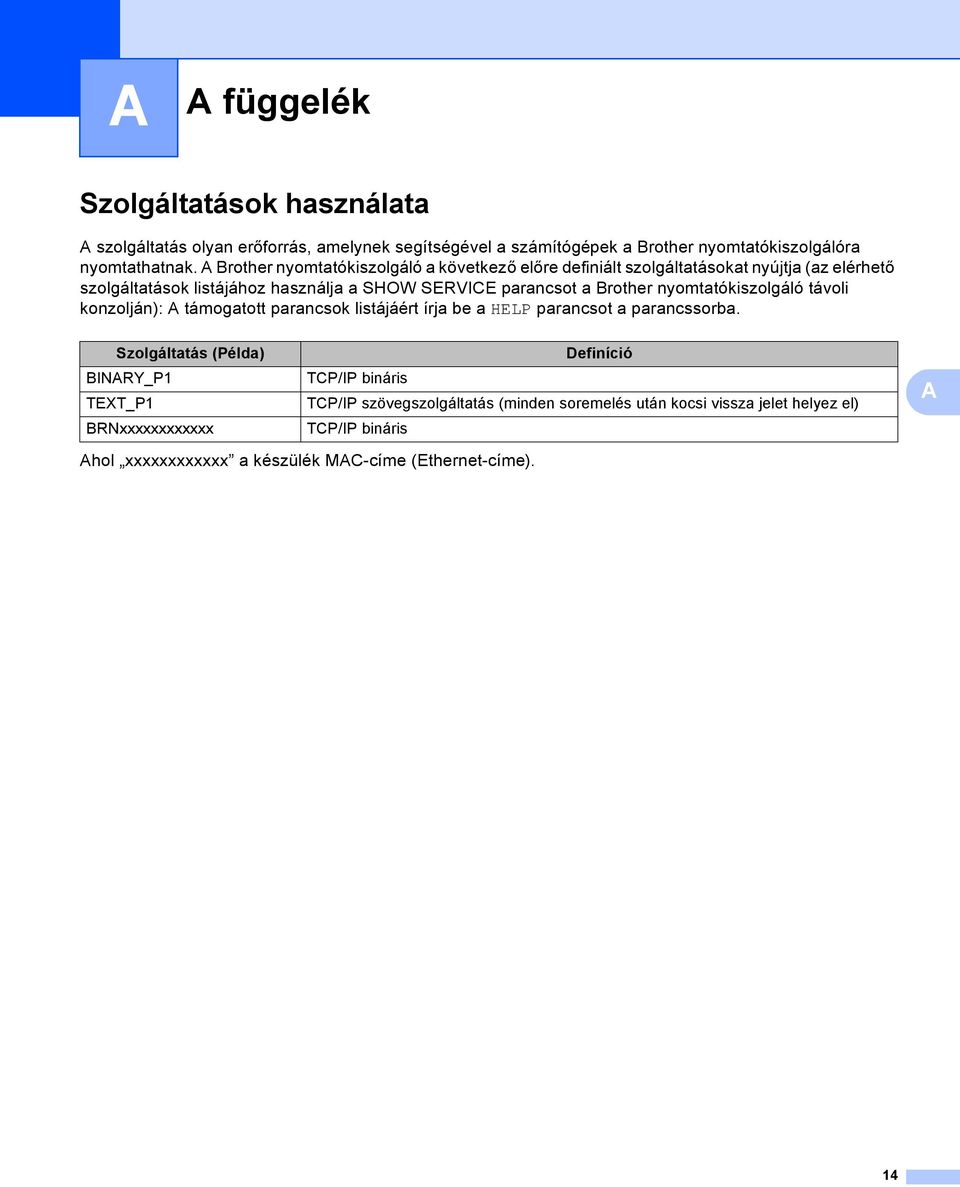 Brother nyomtatókiszolgáló távoli konzolján): támogatott parancsok listájáért írja be a HELP parancsot a parancssorba.