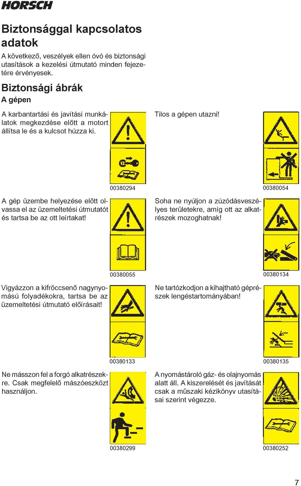 00380294 00380054 A gép üzembe helyezése előtt olvassa el az üzemeltetési útmutatót és tartsa be az ott leírtakat! Soha ne nyúljon a zúzódásveszélyes területekre, amíg ott az alkatrészek mozoghatnak!