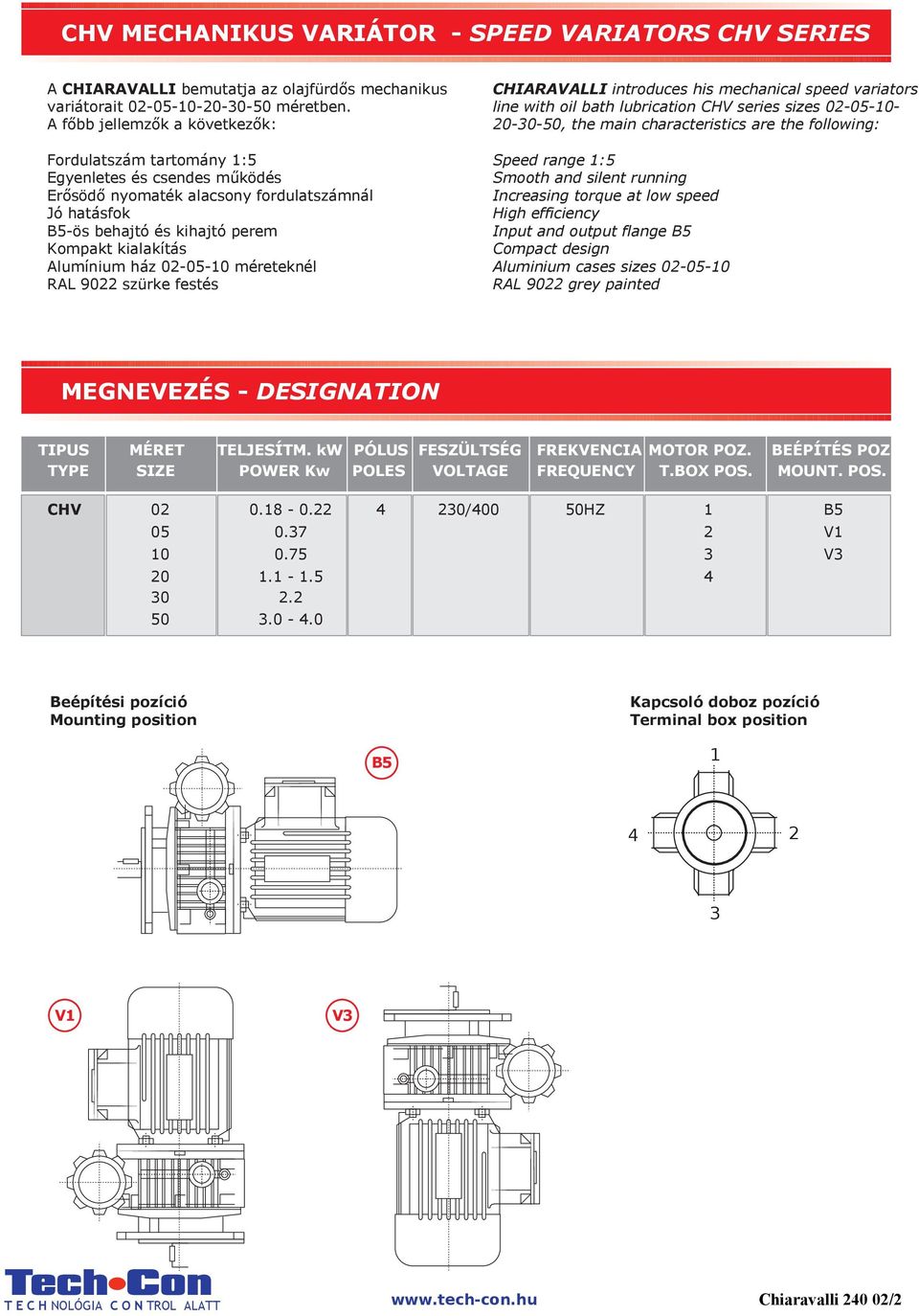 Alumínium ház 02-05-10 méreteknél RAL 9022 szürke festés CHIARAVALLI introduces his mechanical speed variators line with oil bath lubrication CHV series sizes 02-05-10-20-30-50, the main