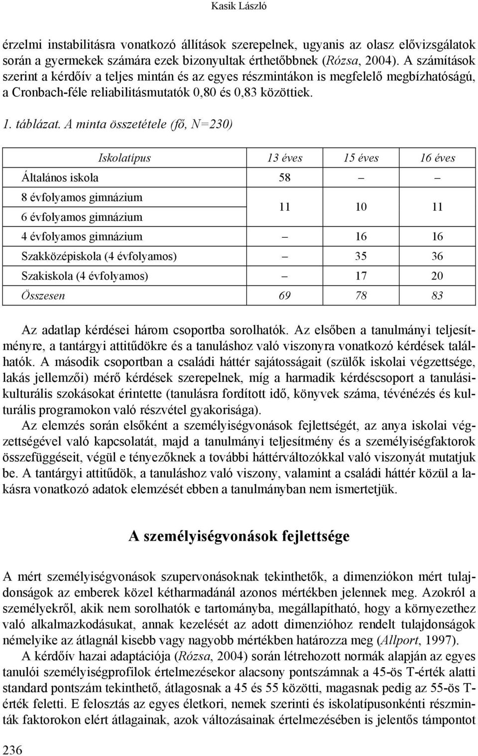 A minta összetétele (fő, N=230) Iskolatípus 13 éves 15 éves 16 éves Általános iskola 58 8 évfolyamos gimnázium 6 évfolyamos gimnázium 11 10 11 4 évfolyamos gimnázium 16 16 Szakközépiskola (4