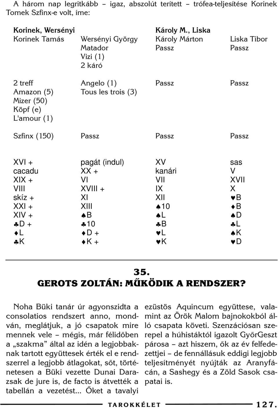 Passz Passz XVI + pagát (indul) XV sas cacadu XX + kanári V XIX + VI VII XVII VIII XVIII + IX X skíz + XI XII B XXI + XIII 0 B XIV + B L D D + 0 B L L D + L K K K + K D 35.