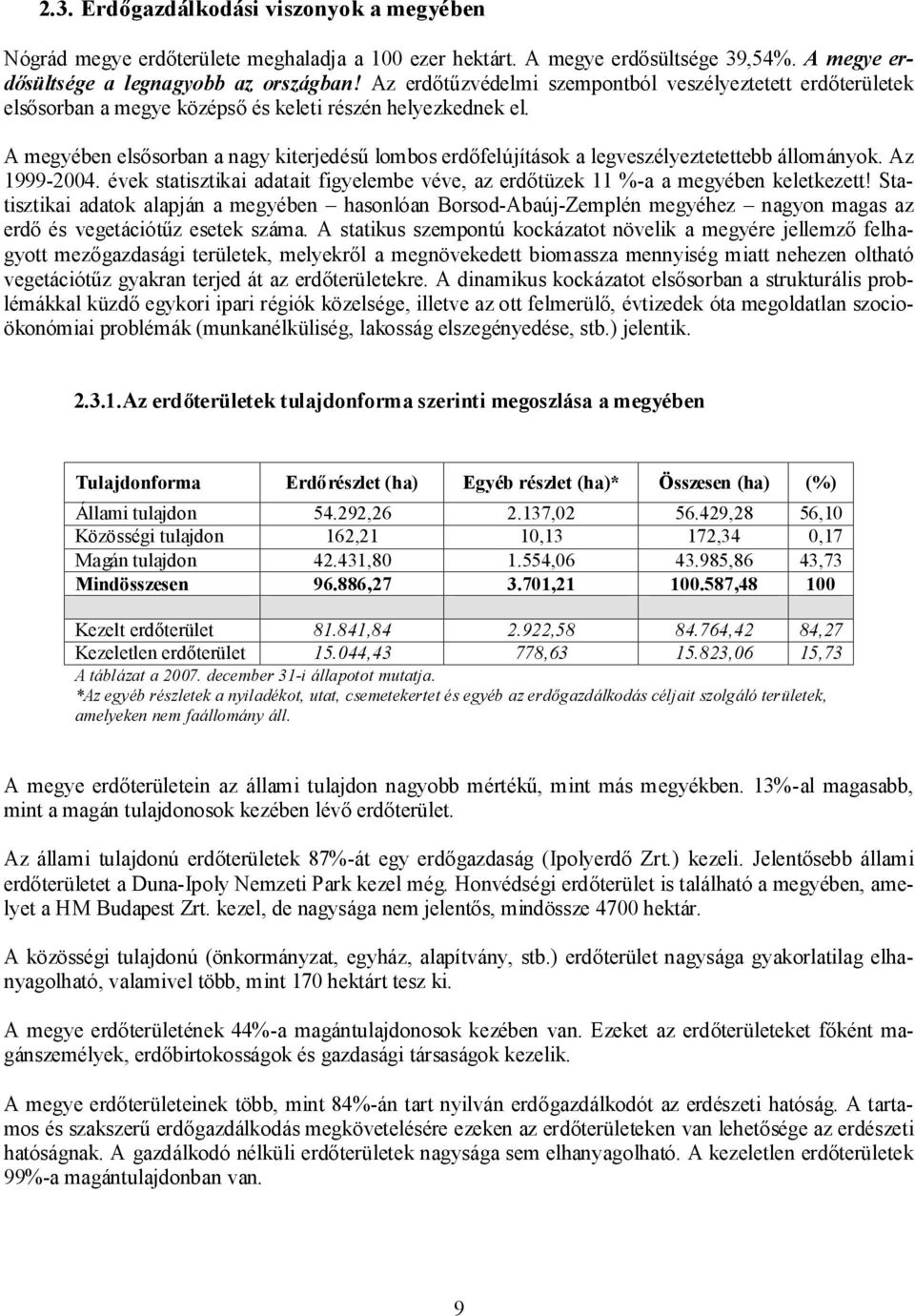 A megyében elsősorban a nagy kiterjedésű lombos erdőfelújítások a legveszélyeztetettebb állományok. Az 1999-2004. évek statisztikai adatait figyelembe véve, az erdőtüzek 11 %-a a megyében keletkezett!