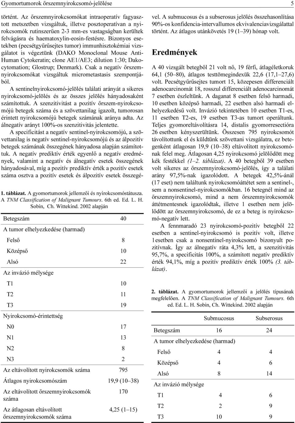 száma 795 Átlagos nyirokcsomószám 19,9 (10 38) Az eltávolított őrszemnyirokcsomók száma Az átlagosan eltávolított őrszemnyirokcsomók száma 170 4,25 (1 15) történt.