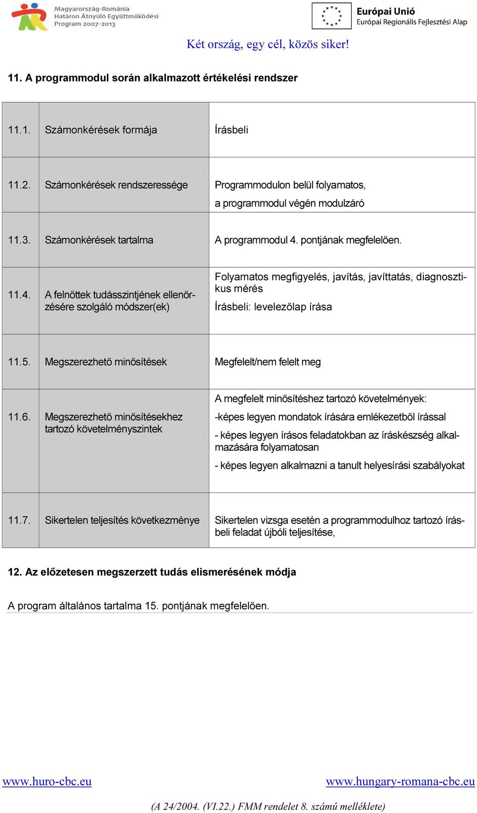 5. Megszerezhető minősítések Megfelelt/nem felelt meg 11.6.