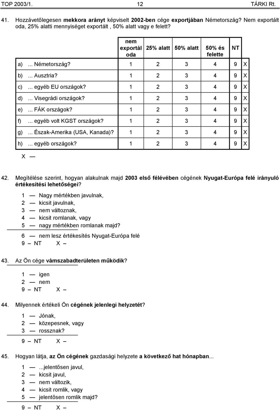 .. FÁK országok? 1 2 3 4 9 X f)... egyéb volt KGST országok? 1 2 3 4 9 X g)... Észak-Amerika (USA, Kanada)? 1 2 3 4 9 X h)... egyéb országok? 1 2 3 4 9 X NT 42.