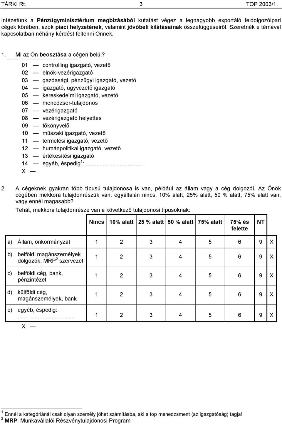 01 controlling igazgató, vezető 02 elnök-vezérigazgató 03 gazdasági, pénzügyi igazgató, vezető 04 igazgató, ügyvezető igazgató 05 kereskedelmi igazgató, vezető 06 menedzser-tulajdonos 07