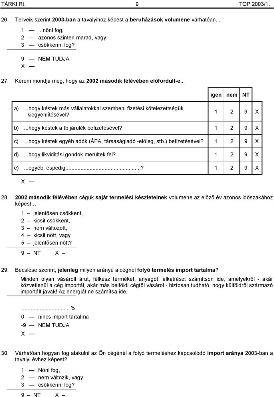 ..hogy késtek a tb járulék befizetésével? 1 2 9 X c)...hogy késtek egyéb adók (ÁFA, társaságiadó -előleg, stb.) befizetésével? 1 2 9 X d)...hogy likviditási gondok merültek fel? 1 2 9 X e).