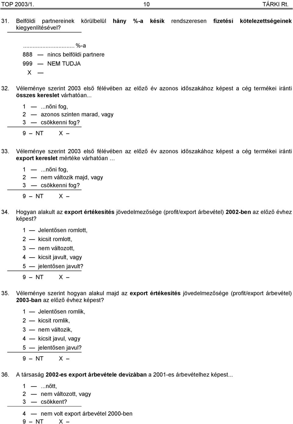 Véleménye szerint 2003 első félévében az előző év azonos időszakához képest a cég termékei iránti export kereslet mértéke várhatóan 1...nőni fog, 2 nem változik majd, vagy 3 csökkenni fog? 34.