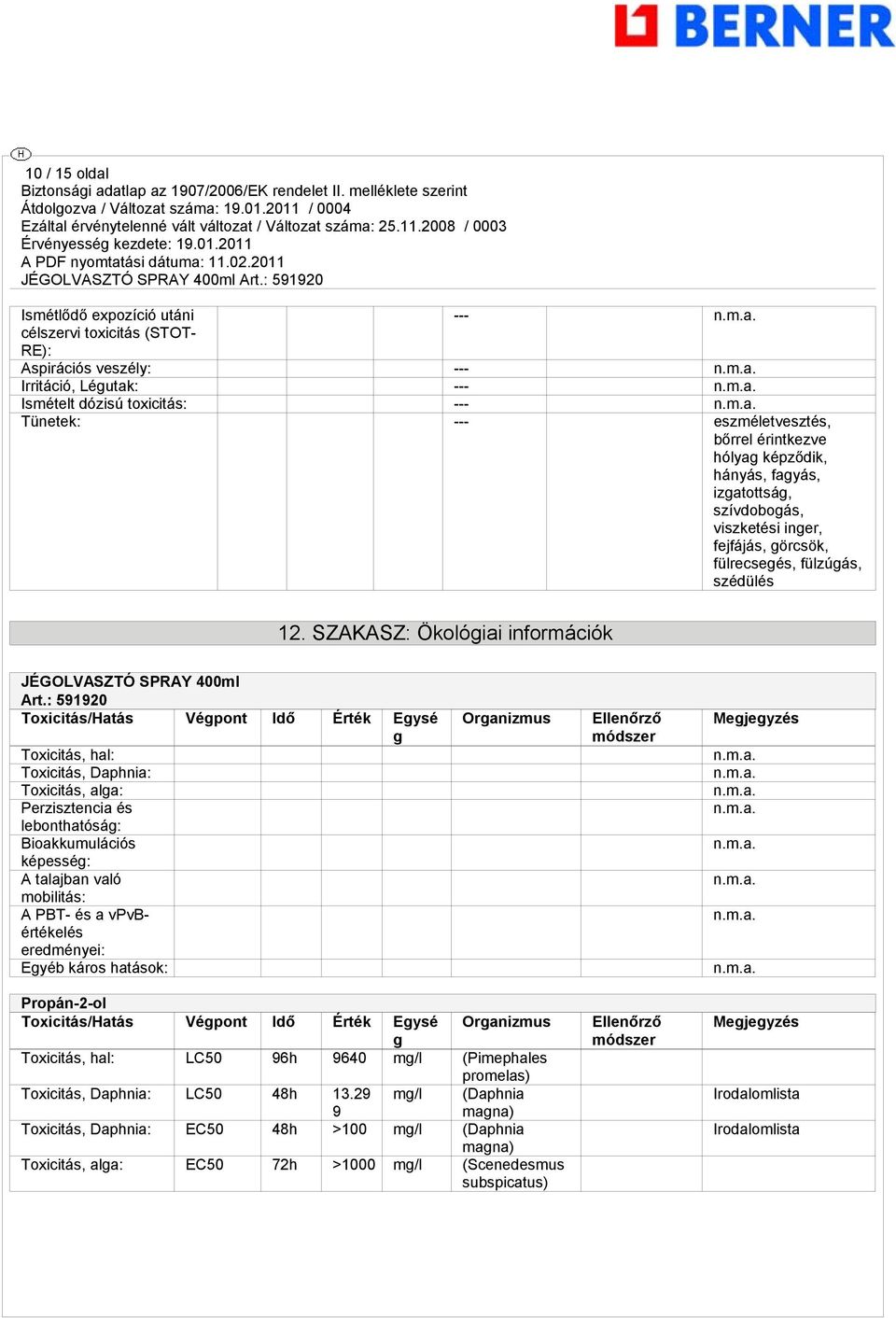 : 591920 Toxicitás/Hatás Végpont Idő Érték Egysé g Toxicitás, hal: Toxicitás, Daphnia: Toxicitás, alga: Perzisztencia és lebonthatóság: Bioakkumulációs képesség: A talajban való mobilitás: A PBT- és