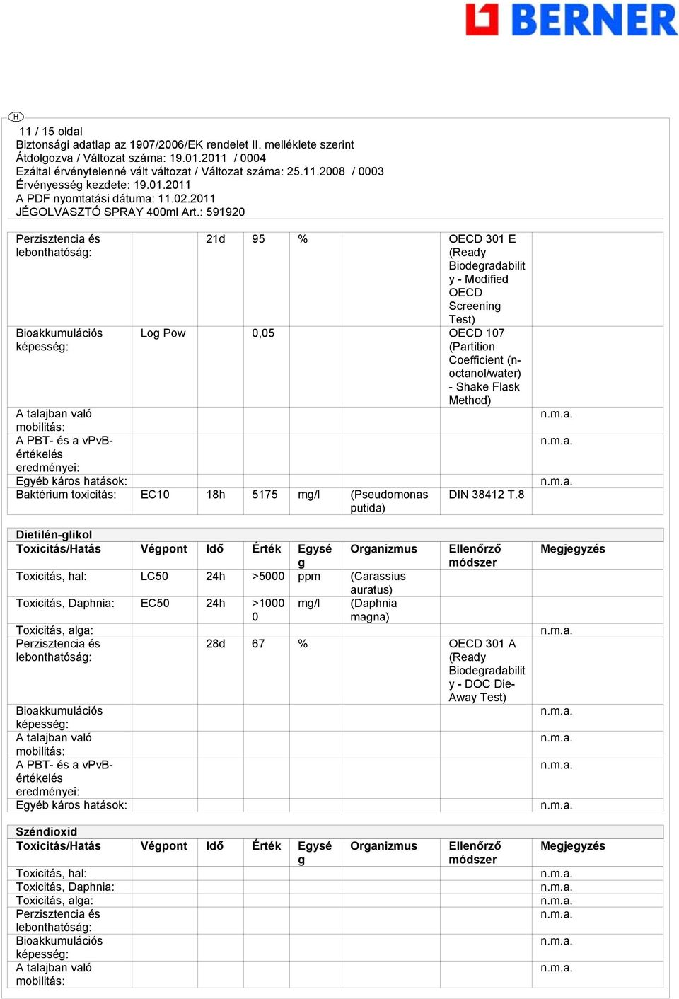 Dietilén-glikol Toxicitás/Hatás Végpont Idő Érték Egysé g Organizmus Toxicitás, hal: LC50 24h >5000 ppm (Carassius Toxicitás, Daphnia: EC50 24h >1000 0 Toxicitás, alga: Perzisztencia és