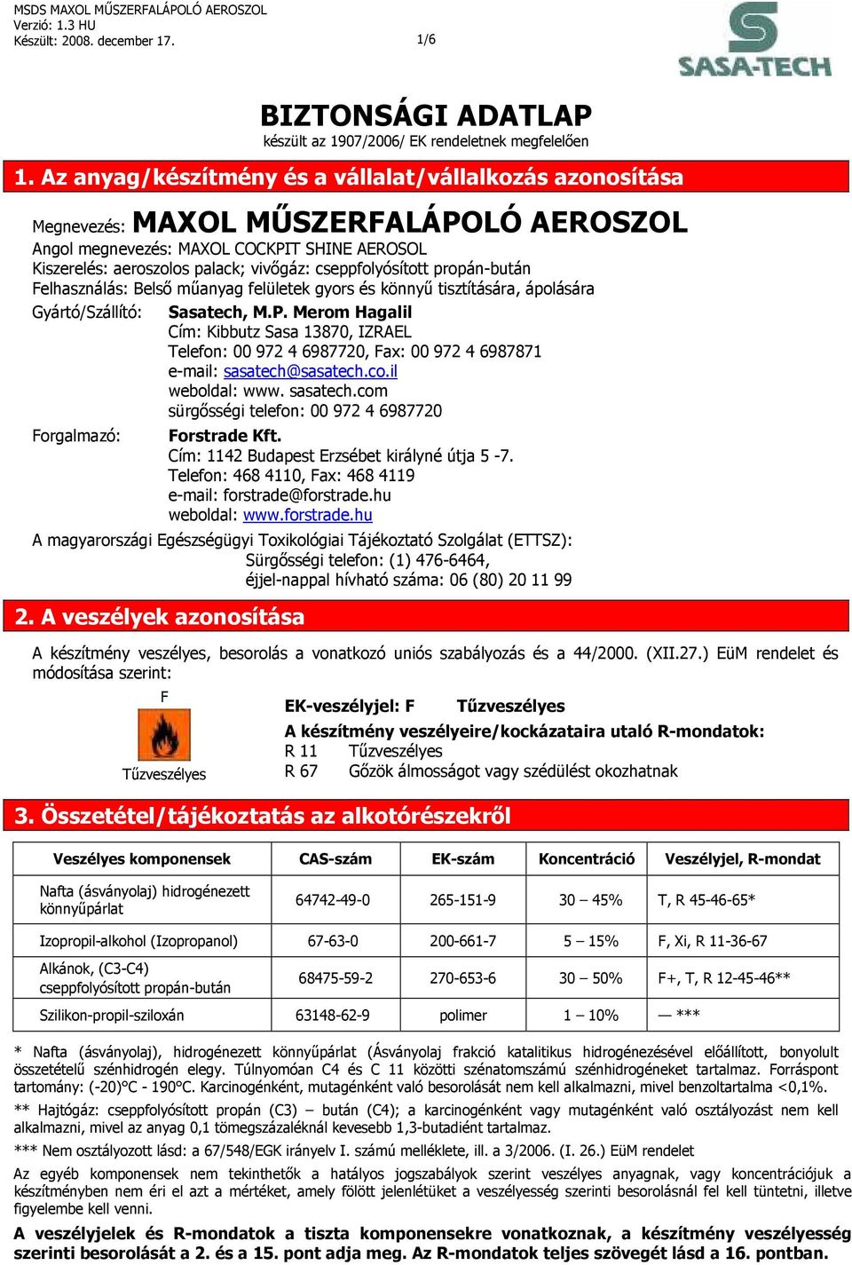 cseppfolyósított propán-bután Felhasználás: Belső műanyag felületek gyors és könnyű tisztítására, ápolására Gyártó/Szállító: Forgalmazó: Sasatech, M.P.