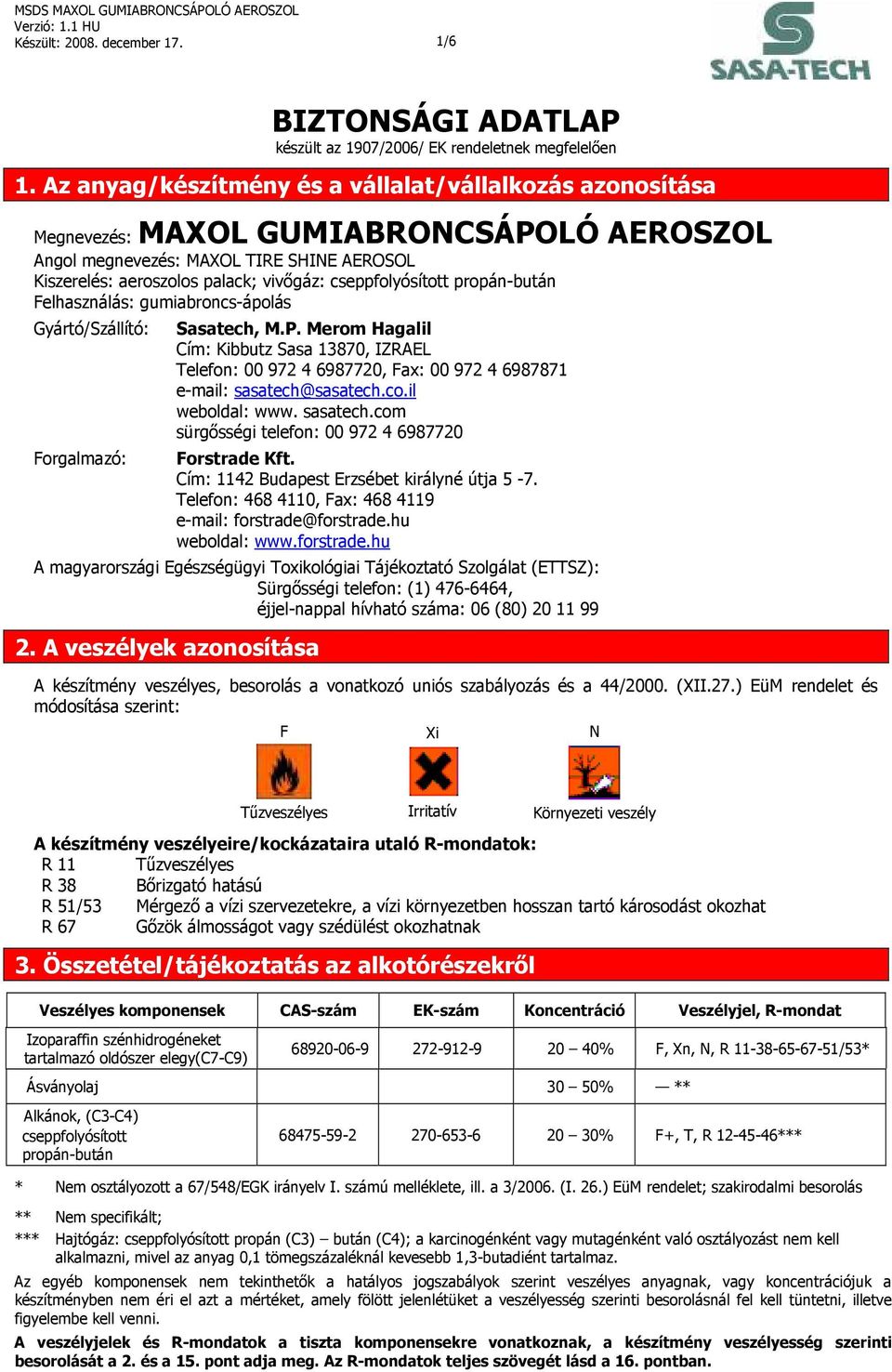 cseppfolyósított propán-bután Felhasználás: gumiabroncs-ápolás Gyártó/Szállító: Forgalmazó: Sasatech, M.P.