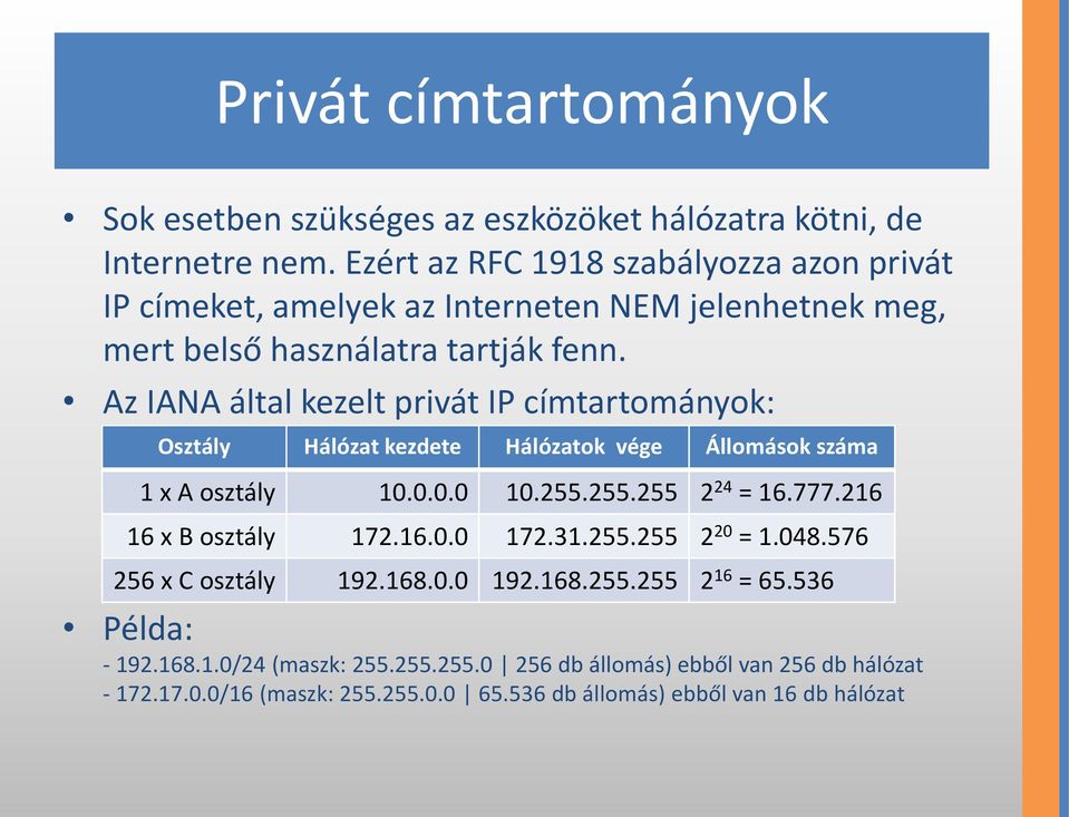 Az IANA által kezelt privát IP címtartományok: Osztály Hálózat kezdete Hálózatok vége Állomások száma 1 x A osztály 10.0.0.0 10.255.255.255 2 24 = 16.777.
