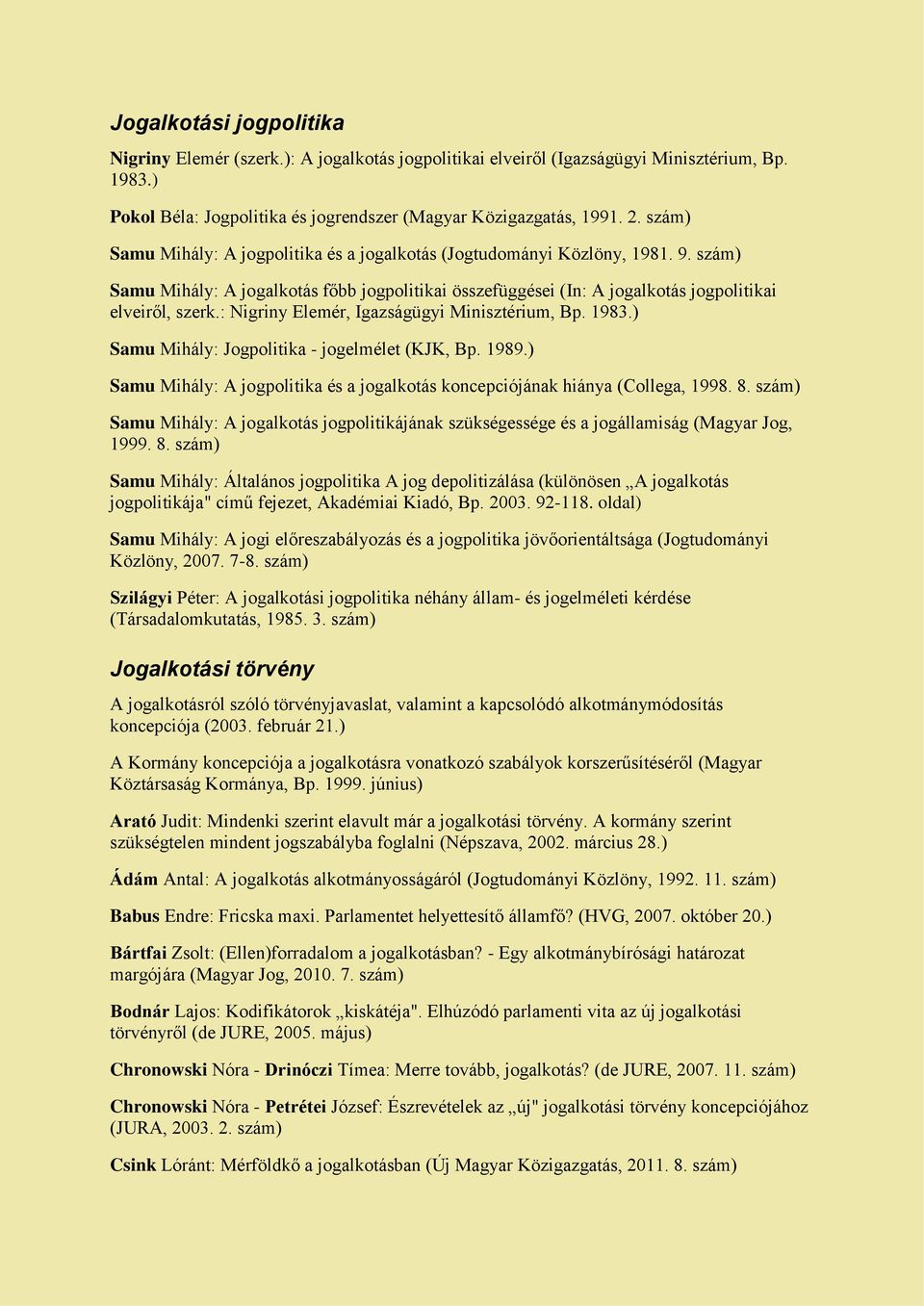 : Nigriny Elemér, Igazságügyi Minisztérium, Bp. 1983.) Samu Mihály: Jogpolitika - jogelmélet (KJK, Bp. 1989.) Samu Mihály: A jogpolitika és a jogalkotás koncepciójának hiánya (Collega, 1998. 8.