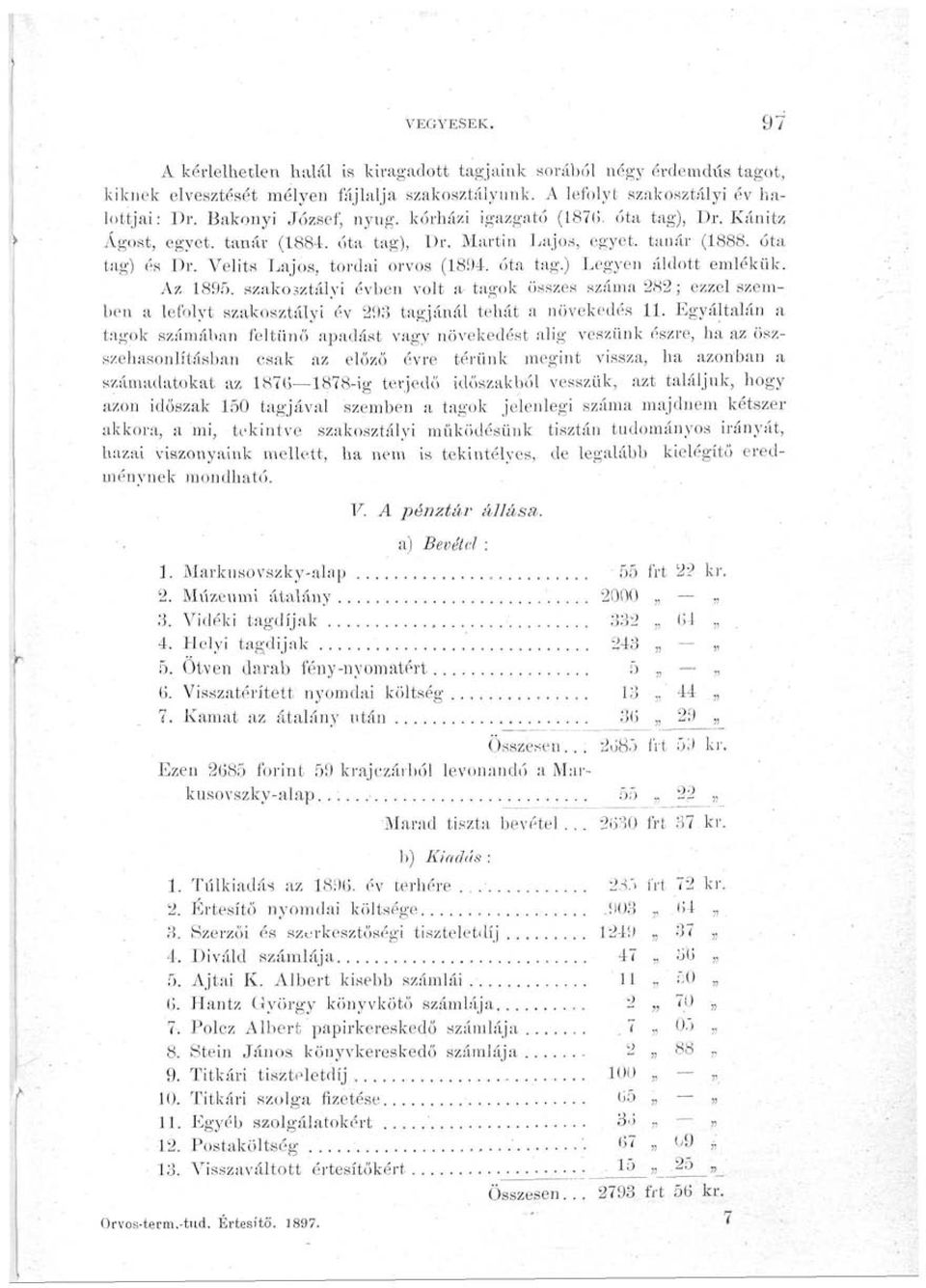 Az 1895. szakosztályi évben volt a tagok összes száma 282; ezzel szemben a lefolyt szakosztályi év 293 tagjánál tehát a növekedés 11.