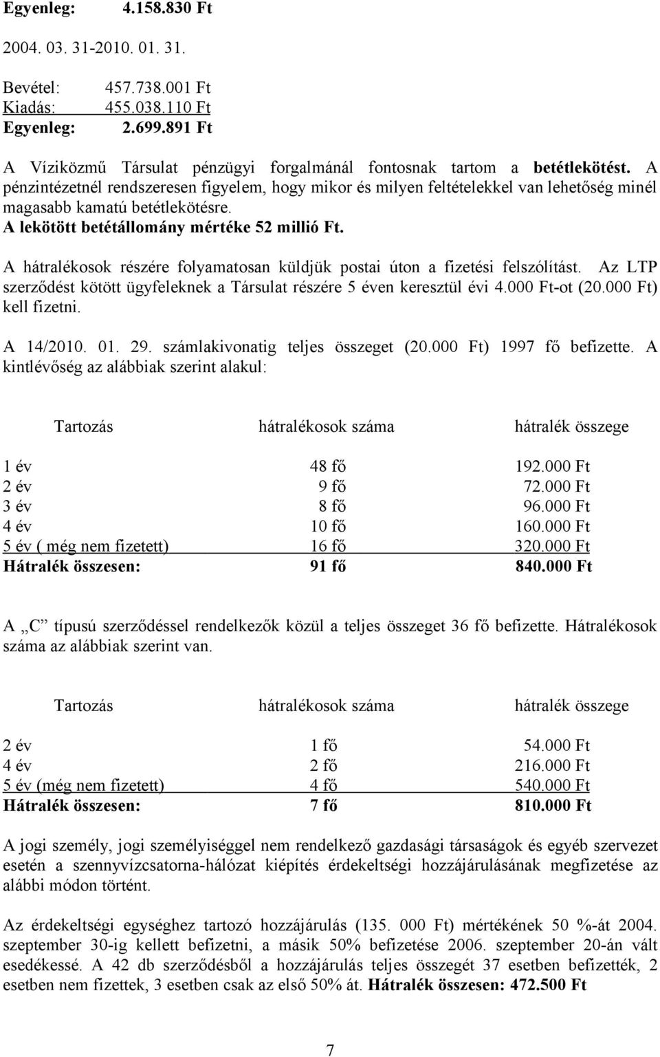 A hátralékosok részére folyamatosan küldjük postai úton a fizetési felszólítást. Az LTP szerződést kötött ügyfeleknek a Társulat részére 5 éven keresztül évi 4.000 Ft-ot (20.000 Ft) kell fizetni.