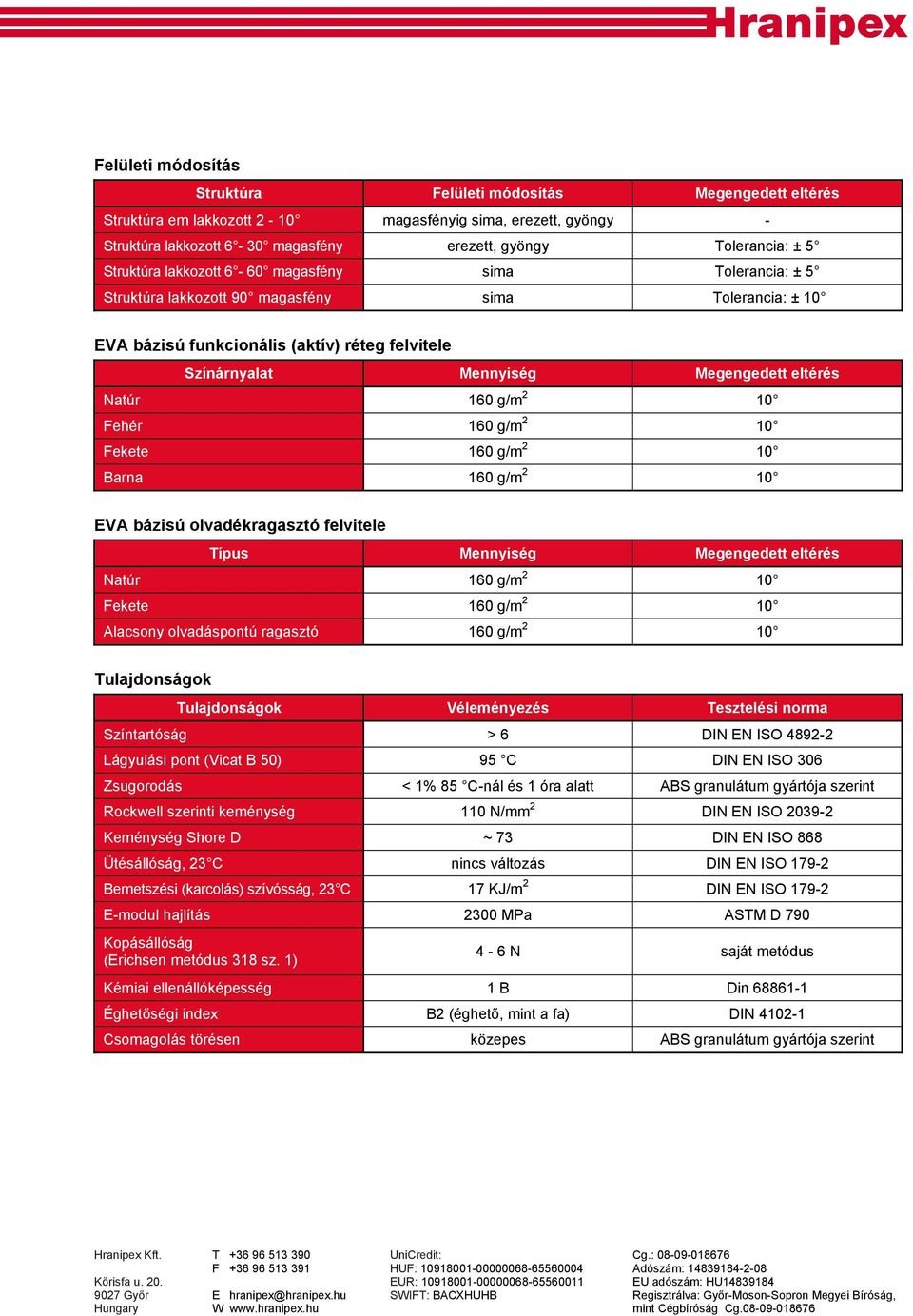 160 g/m 2 10 Fekete 160 g/m 2 10 Barna 160 g/m 2 10 EVA bázisú olvadékragasztó felvitele Típus Mennyiség Megengedett eltérés Natúr 160 g/m 2 10 Fekete 160 g/m 2 10 Alacsony olvadáspontú ragasztó 160