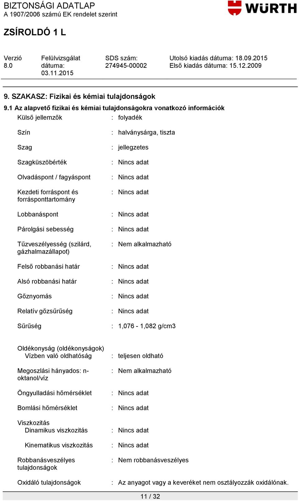 Lobbanáspont Párolgási sebesség Tűzveszélyesség (szilárd, gázhalmazállapot) Felső robbanási határ Alsó robbanási határ Gőznyomás Relatív gőzsűrűség Sűrűség : halványsárga, tiszta : jellegzetes :