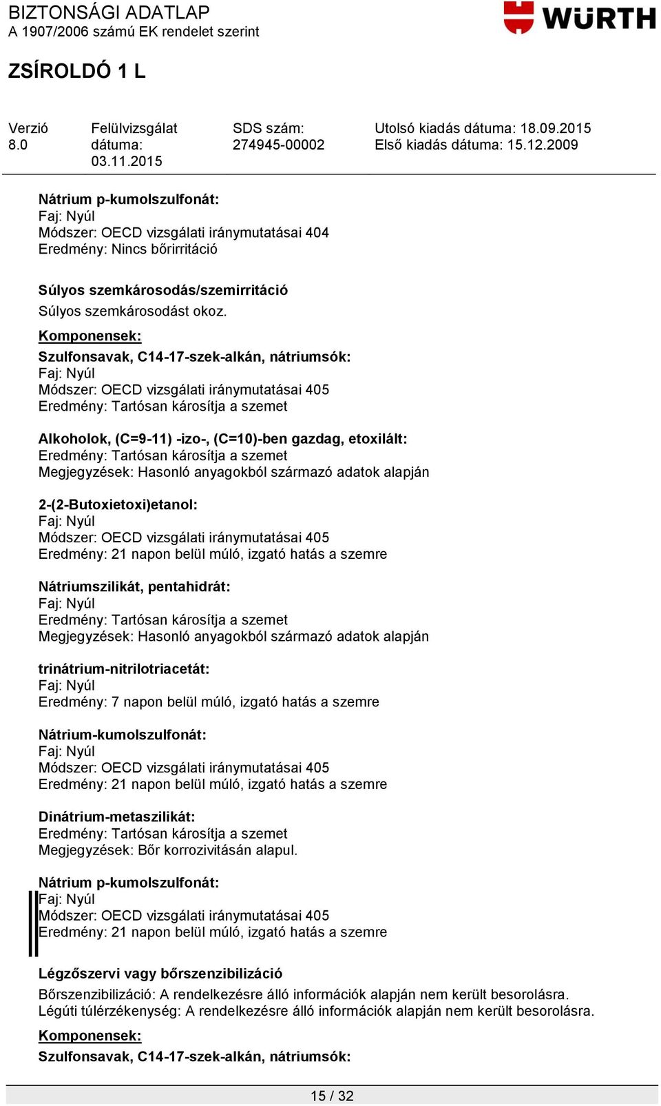 etoxilált: Eredmény: Tartósan károsítja a szemet 2-(2-Butoxietoxi)etanol: Faj: Nyúl Módszer: OECD vizsgálati iránymutatásai 405 Eredmény: 21 napon belül múló, izgató hatás a szemre Nátriumszilikát,