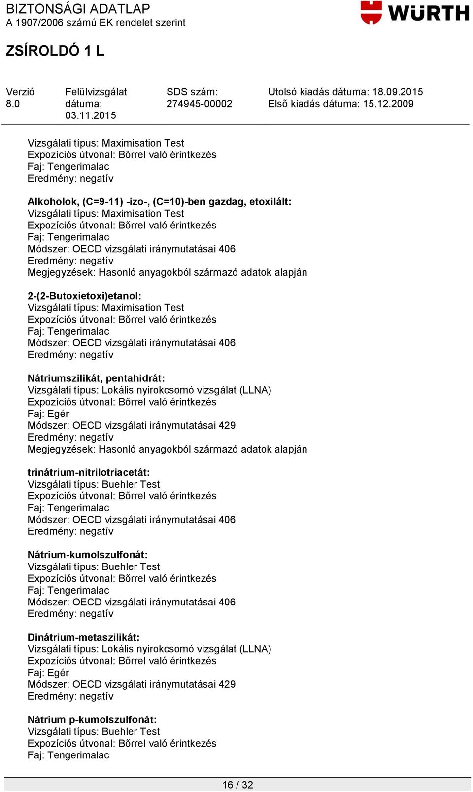 Nátriumszilikát, pentahidrát: Vizsgálati típus: Lokális nyirokcsomó vizsgálat (LLNA) Expozíciós útvonal: Faj: Egér Módszer: OECD vizsgálati iránymutatásai 429 trinátrium-nitrilotriacetát: Vizsgálati