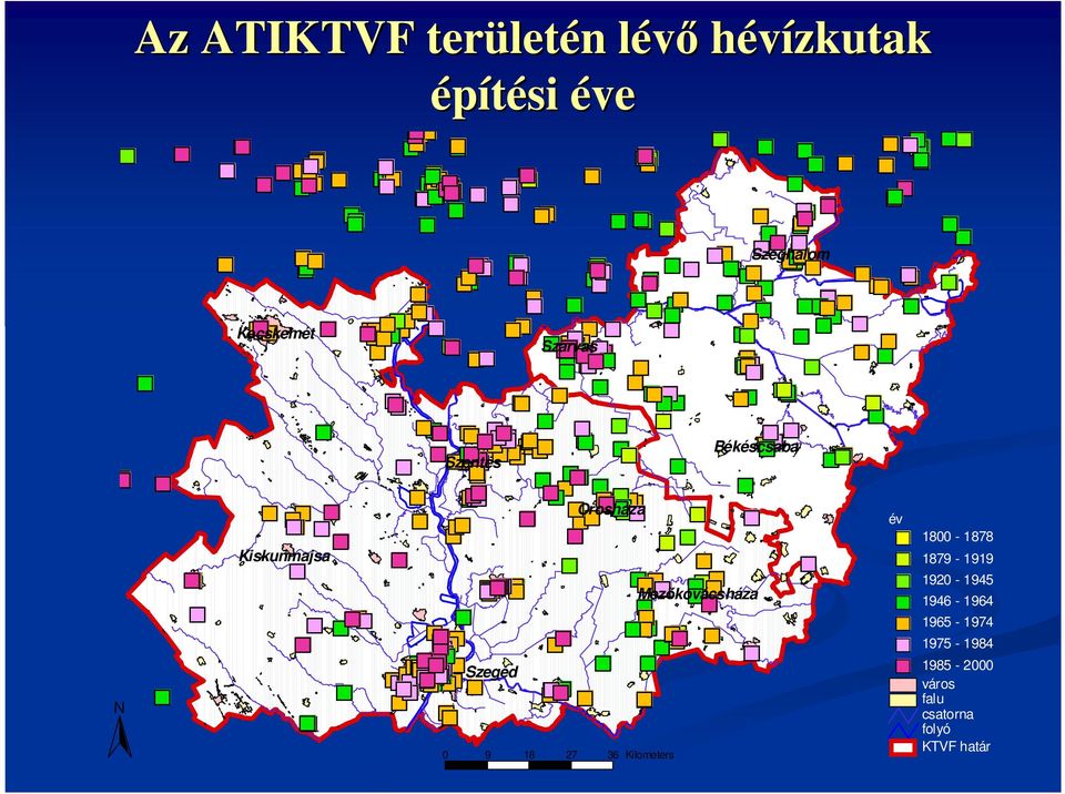 kovácsháza Szeged N 0 9 18 27 36 Kilometers év 1800-1878 1879-1919
