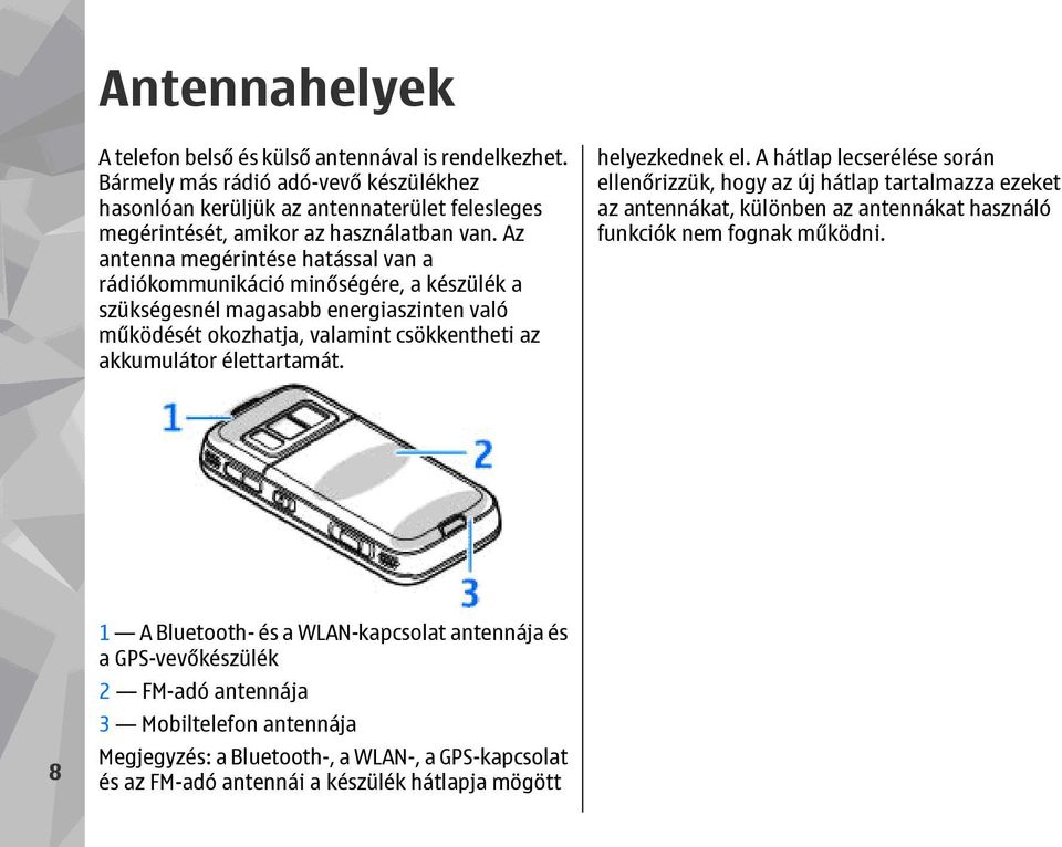 Az antenna megérintése hatással van a rádiókommunikáció minőségére, a készülék a szükségesnél magasabb energiaszinten való működését okozhatja, valamint csökkentheti az akkumulátor élettartamát.