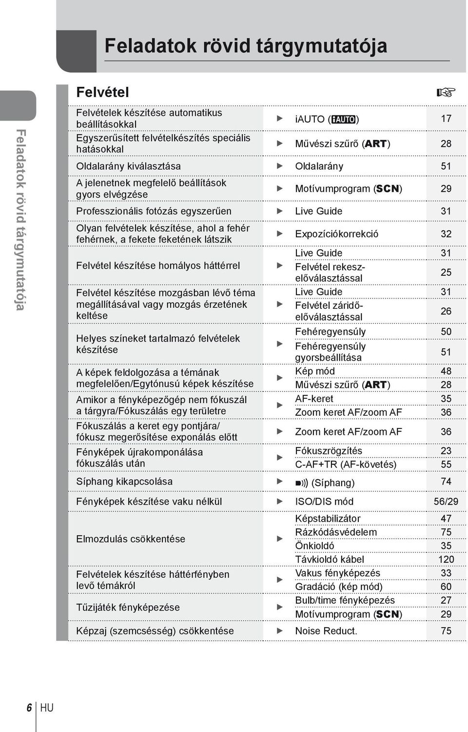 fehér fehérnek, a fekete feketének látszik Expozíciókorrekció Live Guide Felvétel készítése homályos háttérrel Felvétel rekeszelőválasztással 5 Felvétel készítése mozgásban lévő téma Live Guide