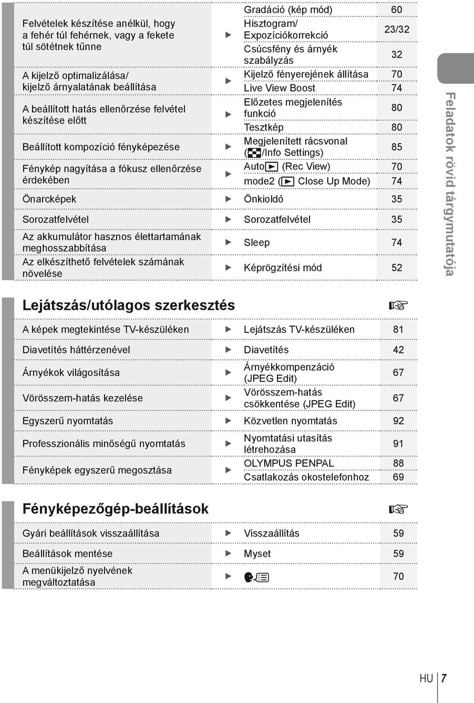 80 Beállított kompozíció fényképezése Megjelenített rácsvonal (G/Info Settings) 85 Fénykép nagyítása a fókusz ellenőrzése Autoq (Rec View) 70 érdekében mode (q Close Up Mode) 74 Önarcképek Önkioldó 5