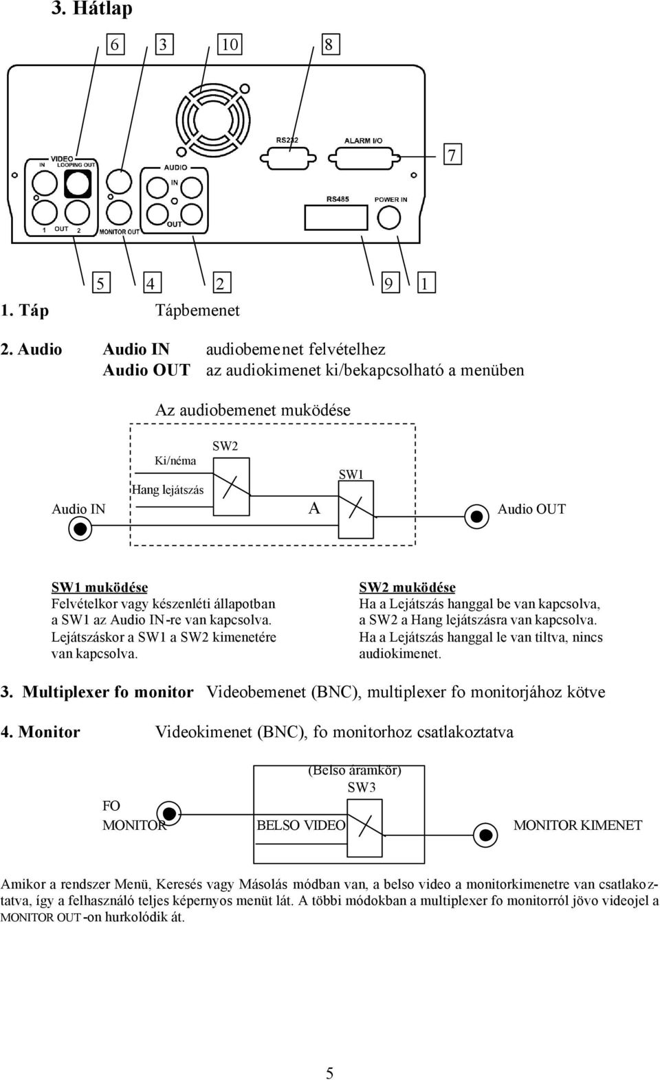 készenléti állapotban a SW1 az Audio IN-re van kapcsolva. Lejátszáskor a SW1 a SW2 kimenetére van kapcsolva.