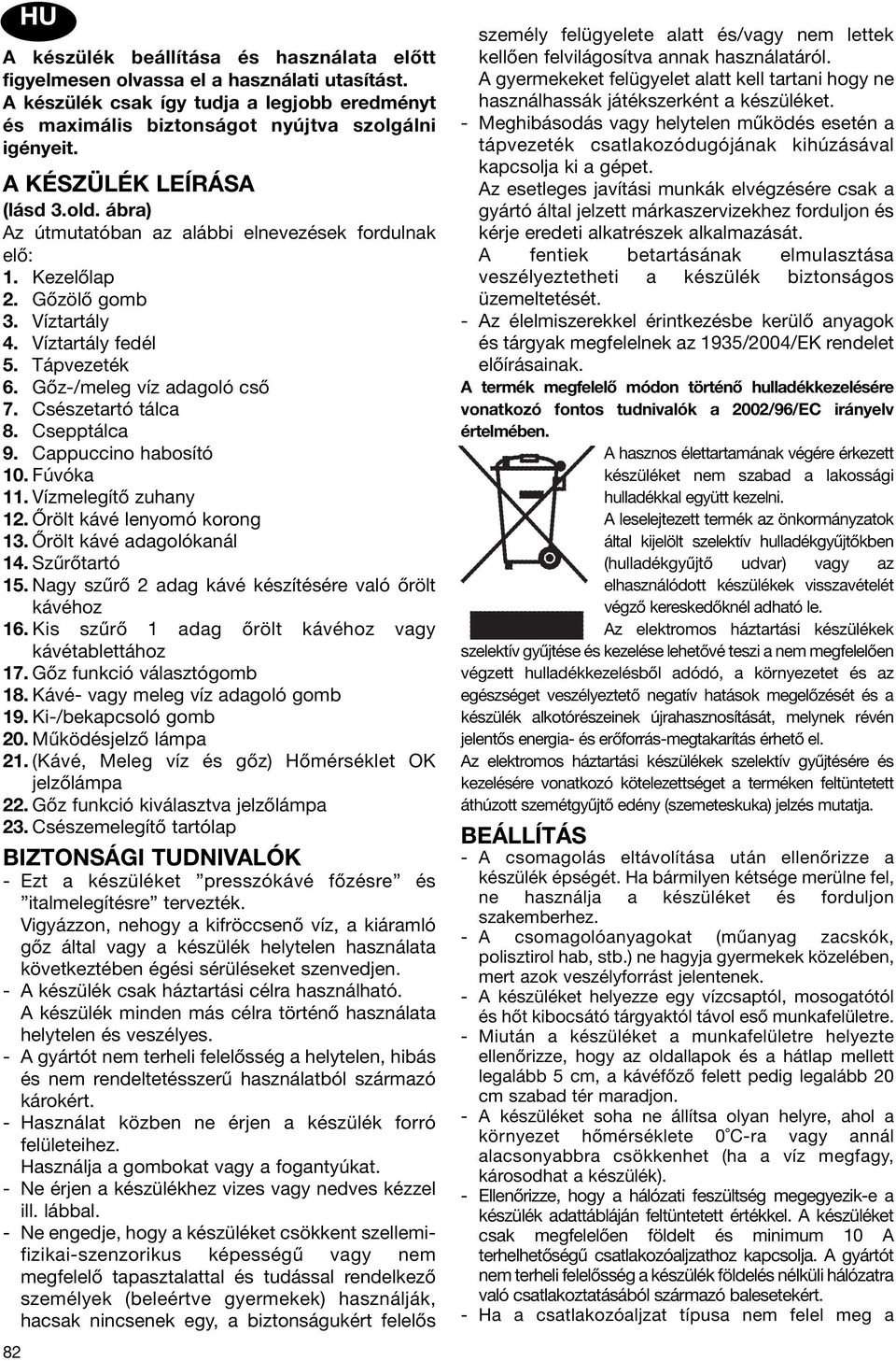 Csészetartó tálca 8. Csepptálca 9. Cappuccino habosító 10. Fúvóka 11. Vízmelegítő zuhany 12. Őrölt kávé lenyomó korong 13. Őrölt kávé adagolókanál 14. Szűrőtartó 15.