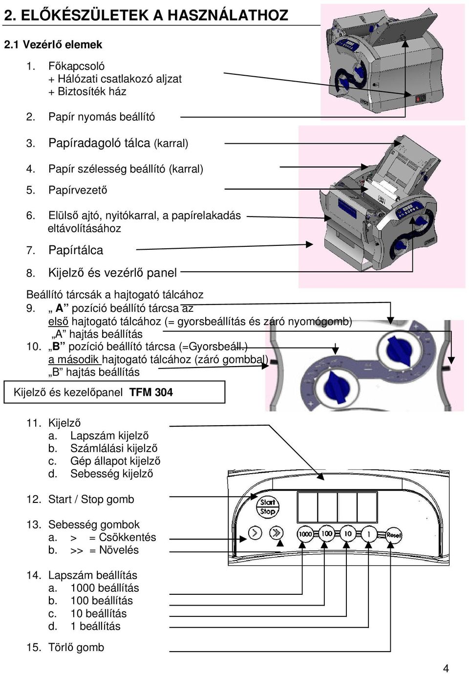 A pozíció beállító tárcsa az első hajtogató tálcához (= gyorsbeállítás és záró nyomógomb) A hajtás beállítás 10. B pozíció beállító tárcsa (=Gyorsbeáll.