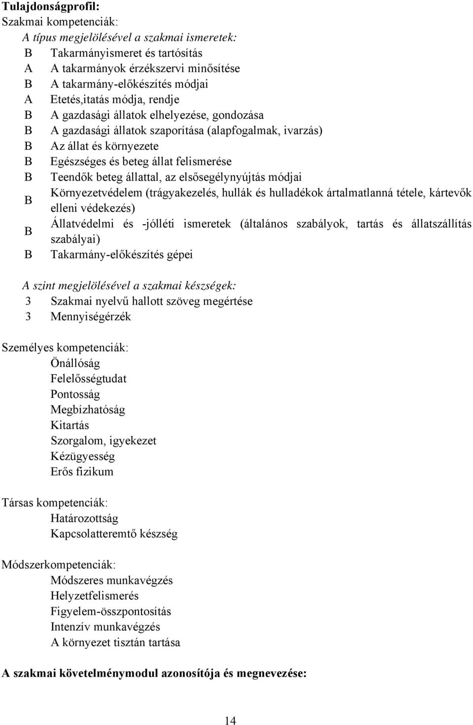 beteg állattal, az elsősegélynyújtás módjai Környezetvédelem (trágyakezelés, hullák és hulladékok ártalmatlanná tétele, kártevők elleni védekezés) Állatvédelmi és -jólléti ismeretek (általános