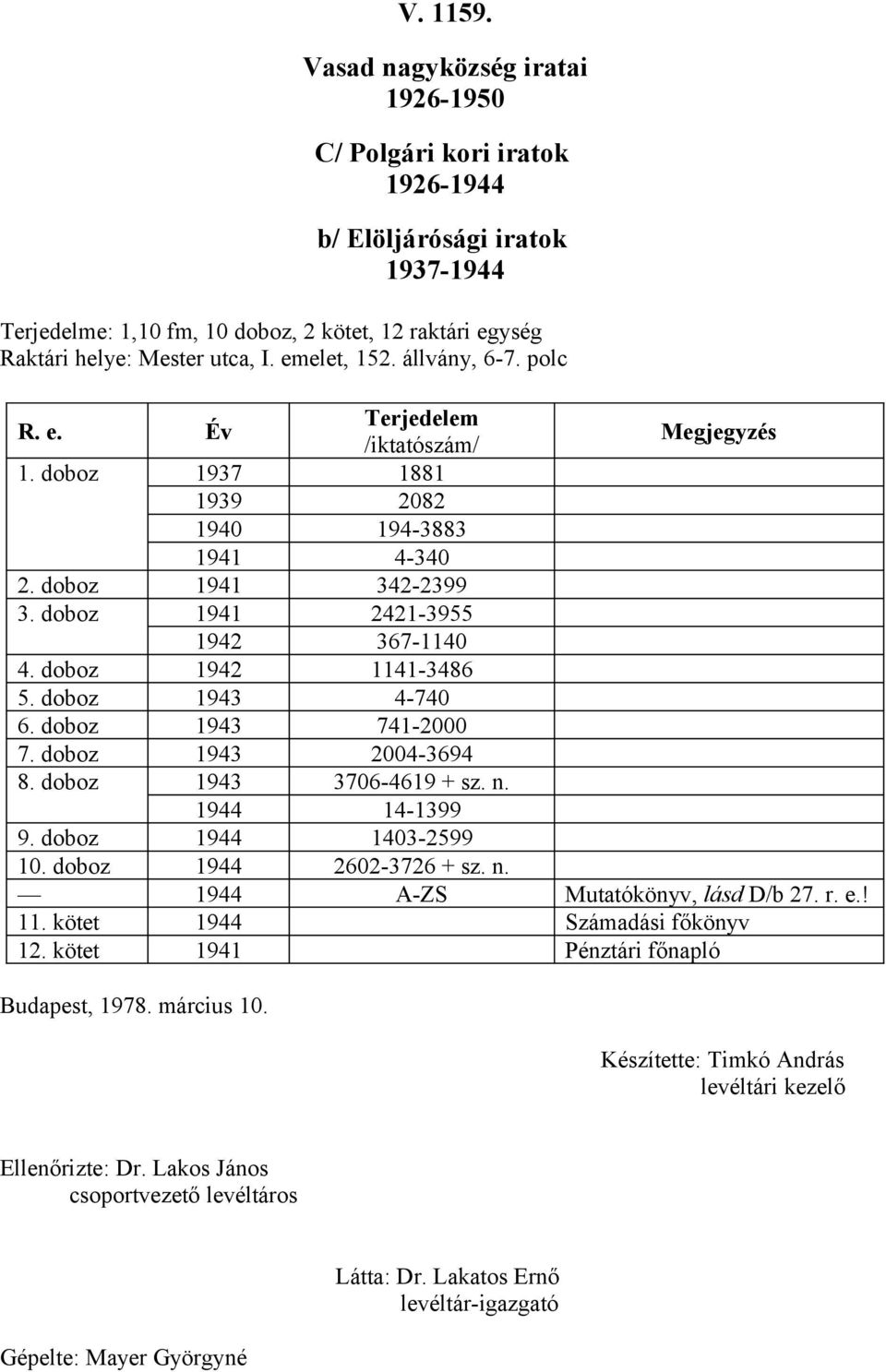 doboz 943 742000 7. doboz 943 20043694 8. doboz 943 3706469 + sz. n. 944 4399 9. doboz 944 4032599 0. doboz 944 26023726 + sz. n. 944 AZS Mutatókönyv, lásd D/b 27. r. e.