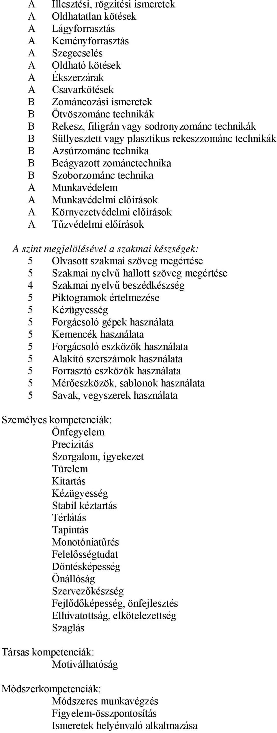 Munkavédelem Munkavédelmi előírások Környezetvédelmi előírások Tűzvédelmi előírások A szint megjelölésével a szakmai készségek: 5 Olvasott szakmai szöveg megértése 5 Szakmai nyelvű hallott szöveg