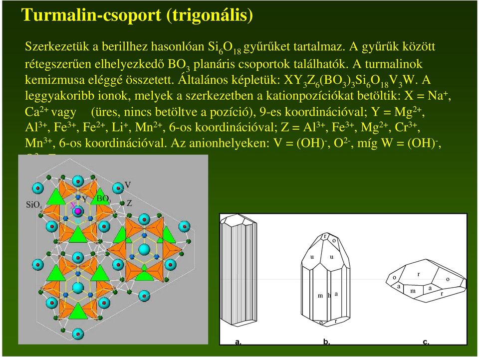 Általános képletük: XY 3 Z 6 (BO 3 ) 3 Si 6 O 18 V 3 W.