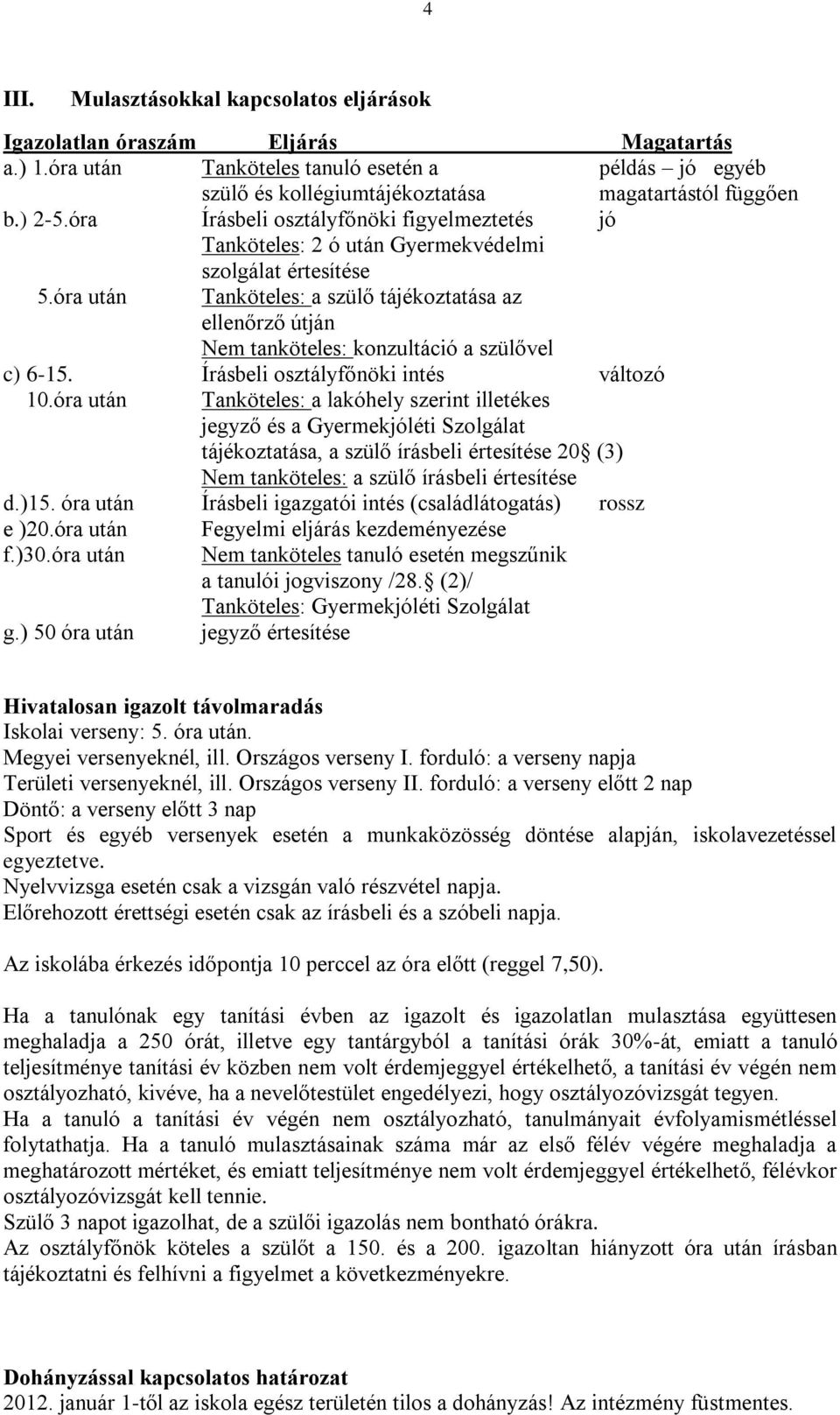 óra után Tanköteles: a szülő tájékoztatása az ellenőrző útján Nem tanköteles: konzultáció a szülővel c) 6-15. Írásbeli osztályfőnöki intés változó 10.