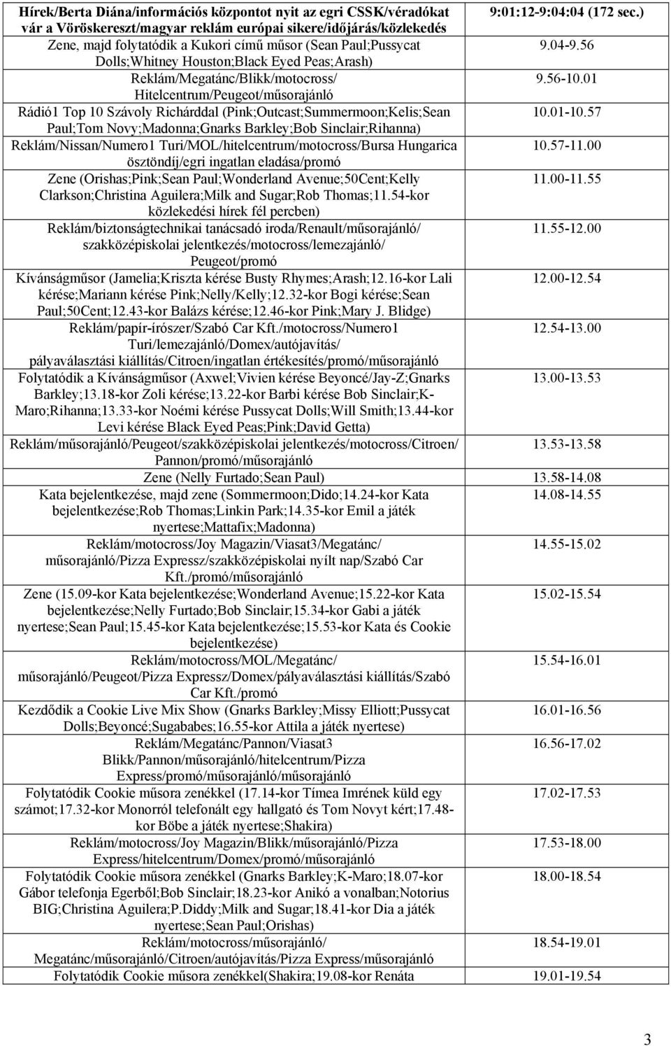 56 Dolls;Whitney Houston;Black Eyed Peas;Arash) Reklám/Megatánc/Blikk/motocross/ 9.56-10.01 Hitelcentrum/Peugeot/műsorajánló Rádió1 Top 10 Szávoly Richárddal (Pink;Outcast;Summermoon;Kelis;Sean 10.