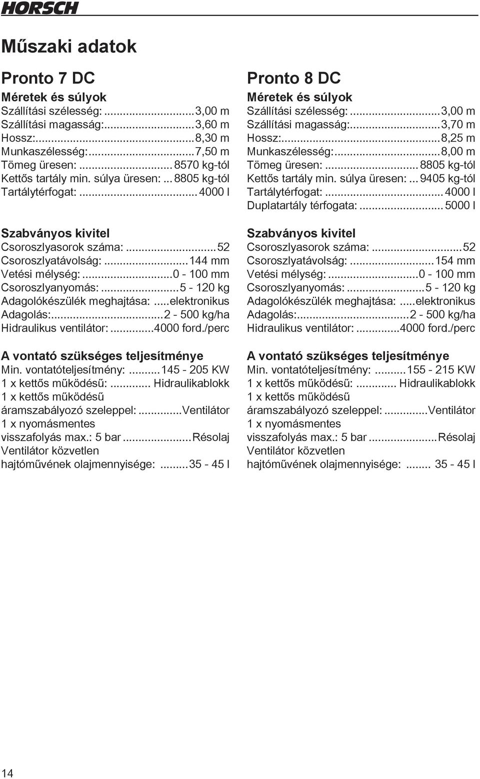 ..5-120 kg Adagolókészülék meghajtása:...elektronikus Adagolás:...2-500 kg/ha Hidraulikus ventilátor:...4000 ford./perc A vontató szükséges teljesítménye Min. vontatóteljesítmény:.