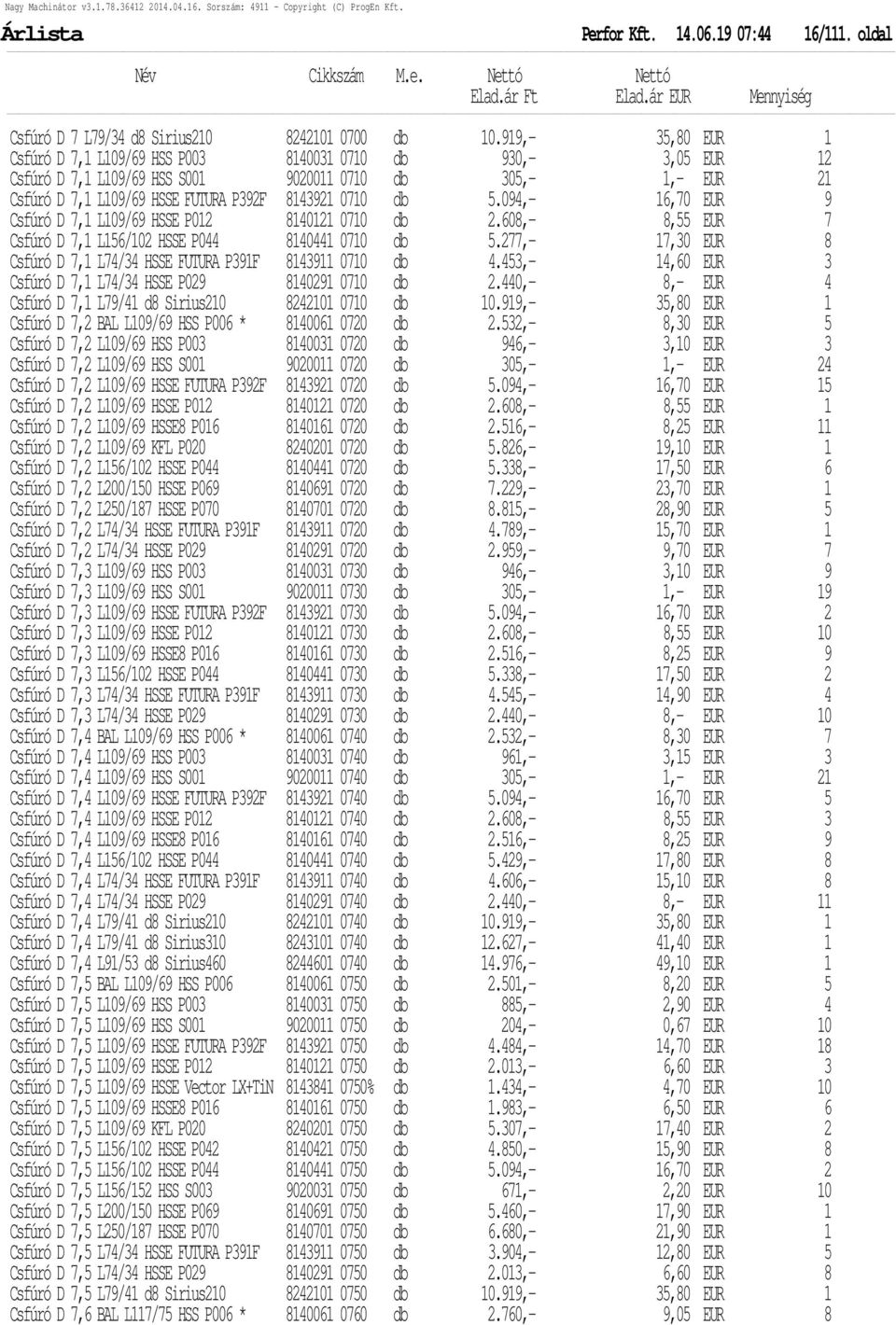 5.094,- 16,70 EUR 9 Csfúró D 7,1 L109/69 HSSE P012 8140121 0710 db 2.608,- 8,55 EUR 7 Csfúró D 7,1 L156/102 HSSE P044 8140441 0710 db 5.