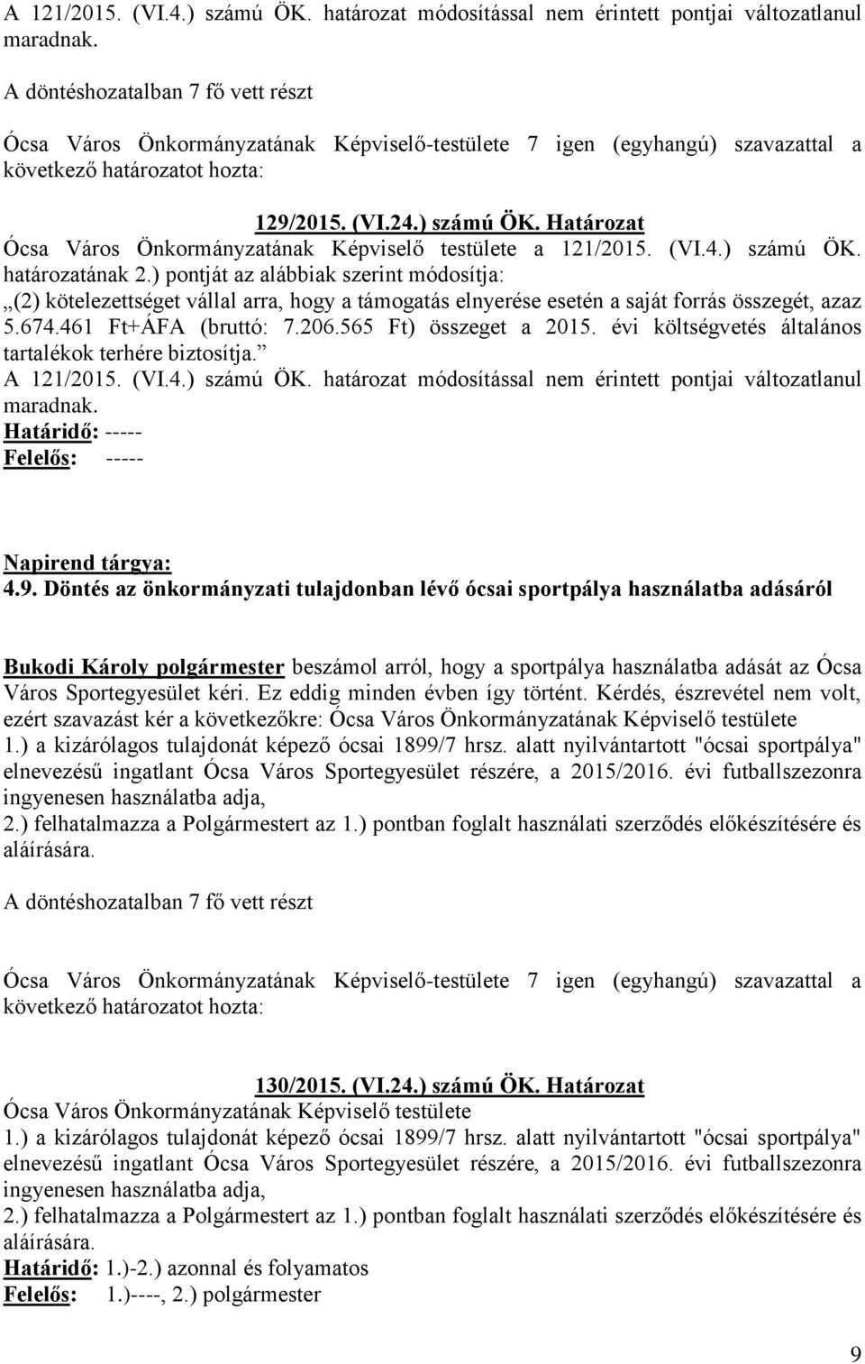 206.565 Ft) összeget a 2015. évi költségvetés általános tartalékok terhére biztosítja. A 121/2015. (VI.4.) számú ÖK. határozat módosítással nem érintett pontjai változatlanul maradnak.