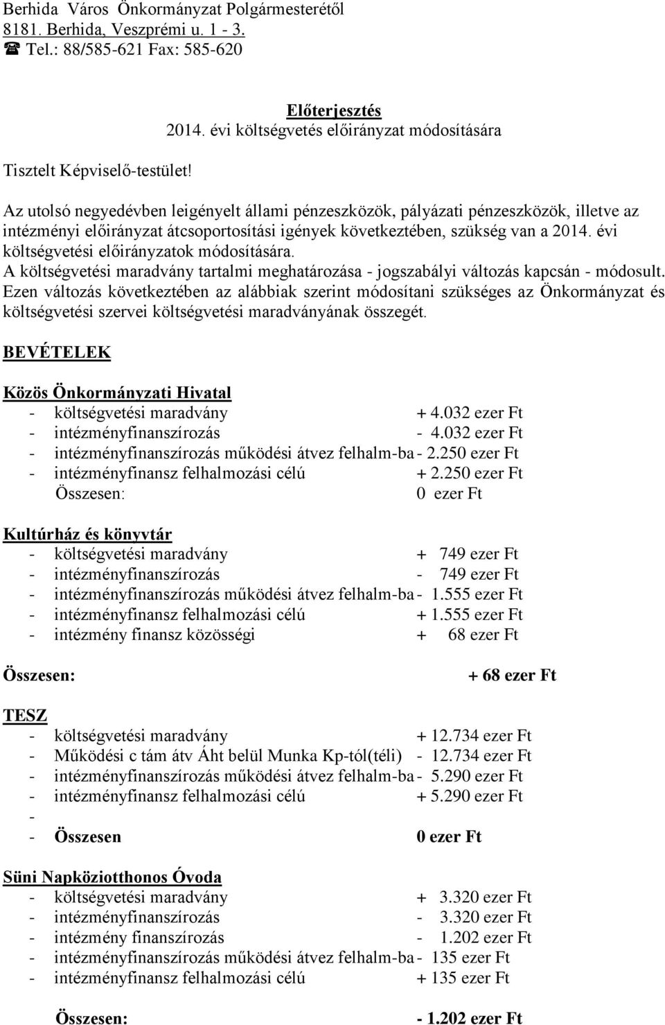 szükség van a 2014. évi költségvetési előirányzatok módosítására. A költségvetési maradvány tartalmi meghatározása - jogszabályi változás kapcsán - módosult.