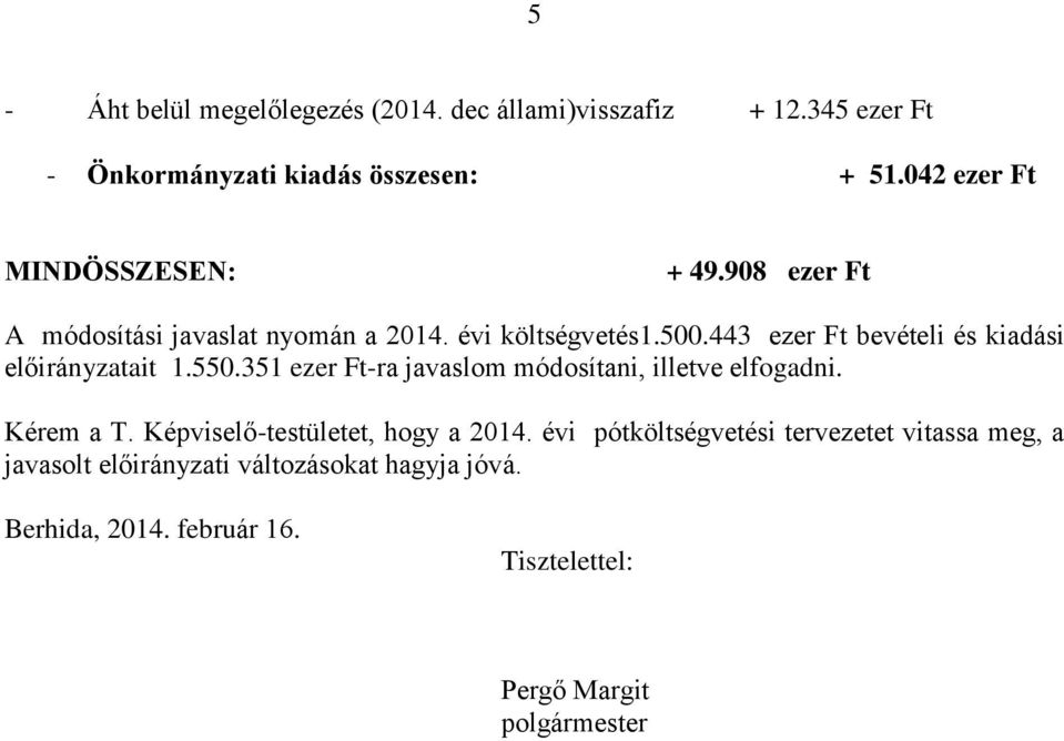 443 ezer Ft bevételi és kiadási előirányzatait 1.550.351 ezer Ft-ra javaslom módosítani, illetve elfogadni. Kérem a T.