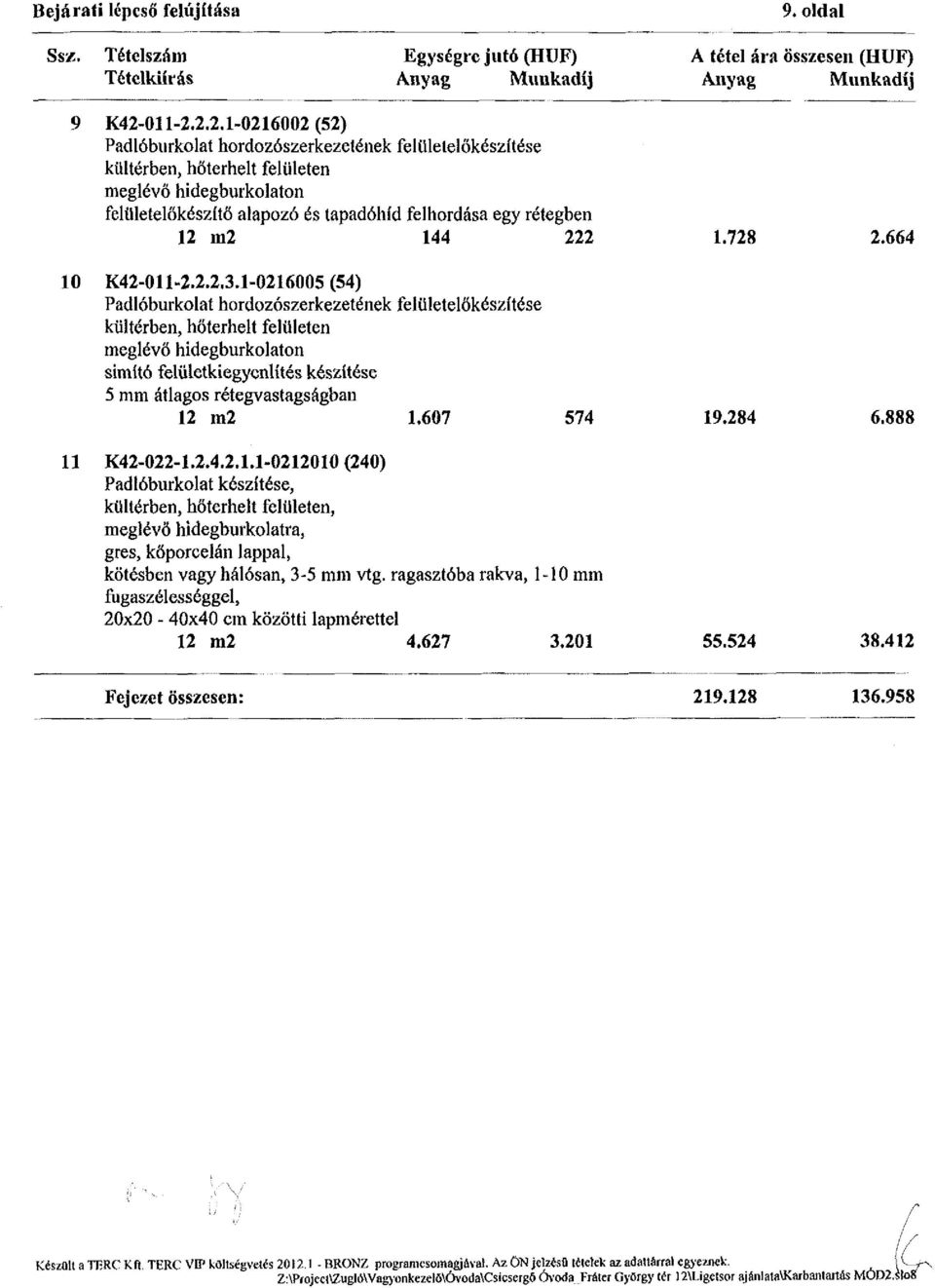 2.2.1-0216002 (52) Padlóburkolat hordozószerkezetének felülelelőkészítése kültérben, hőterhelt felületen meglévő hidegburkolaton felületelőkészítő alapozó és tapadóhíd felhordása egy rétegben 12 m2