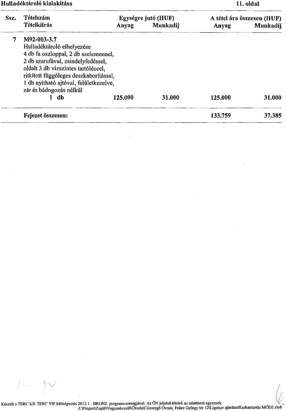 deszkaborítással, 1 db nyitható ajtóval, felületkezelve, zár és bádogozás nélkül 1 db 125.000 31.000 125.000 31.000 Fejezet összesen: 133.759 37.385 Készült a TERC KA.